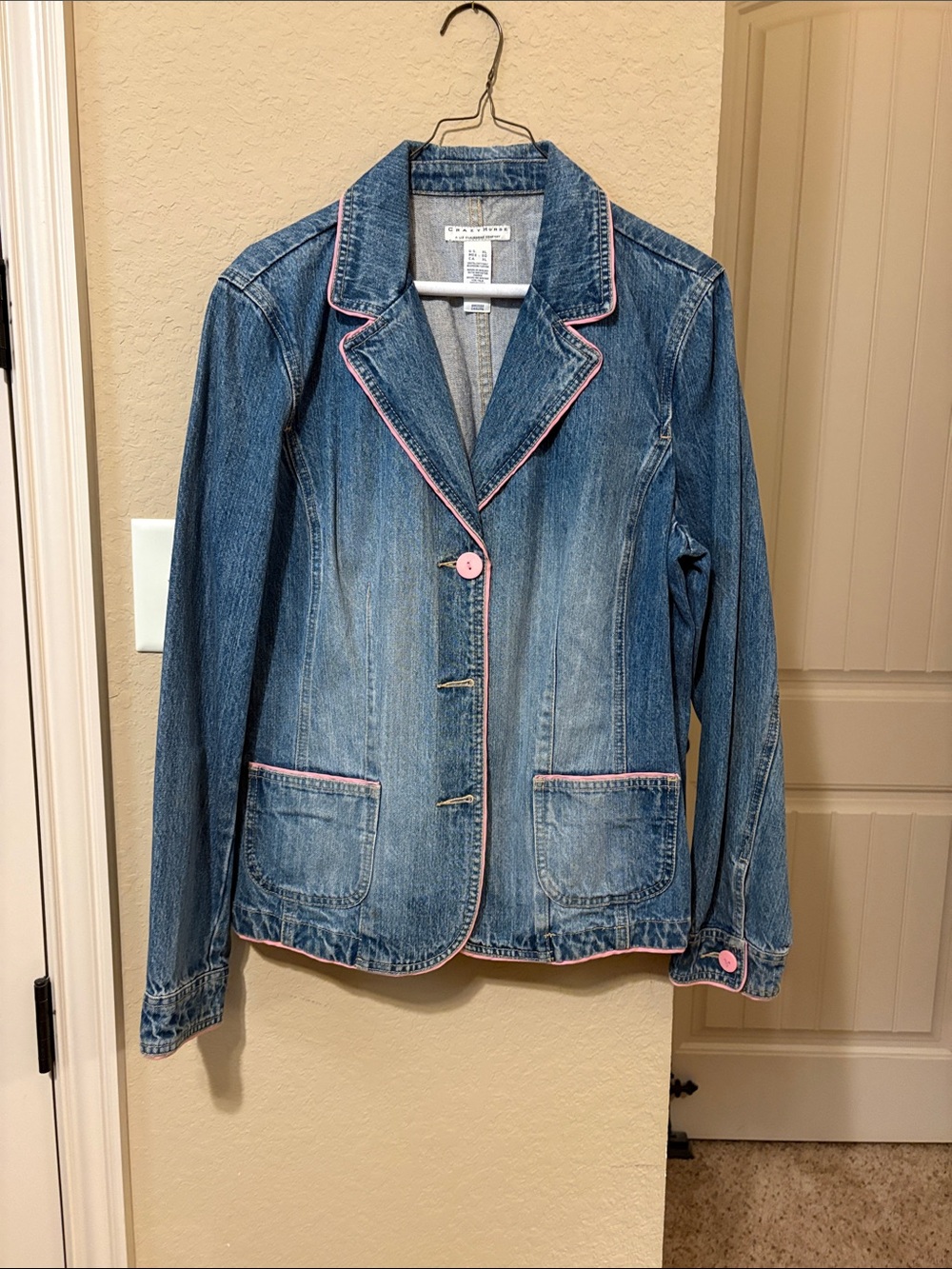 Chico's Blue Denim Jacket with Pink Trim and Button